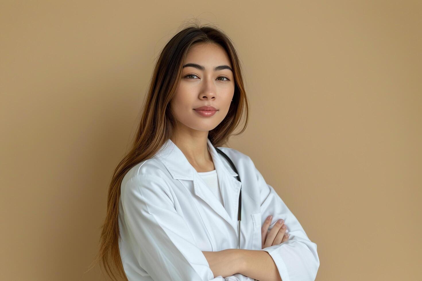 Female Doctor in Beige Relaxed Pose and Professional Background photo