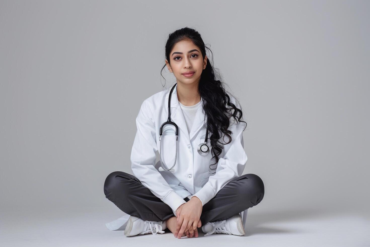 Female Doctor in Beige Relaxed Pose with Professional Warmth photo