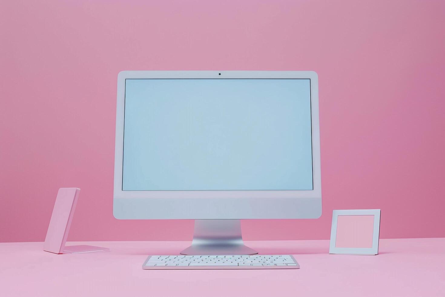 Computer Monitor Mockup with Pastel Pink Screen photo