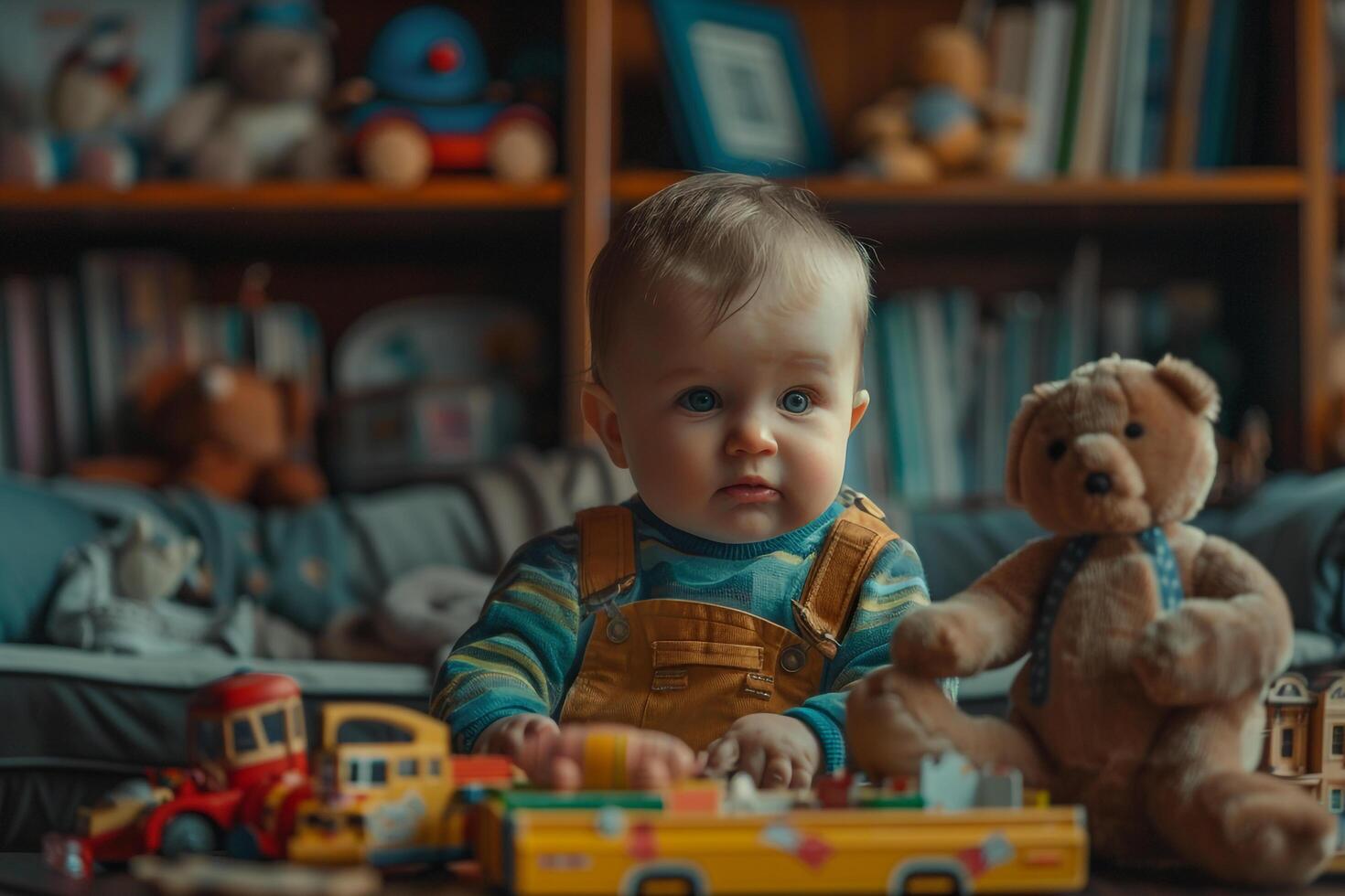 Baby in Classic Retro Dress with Vintage Toys photo