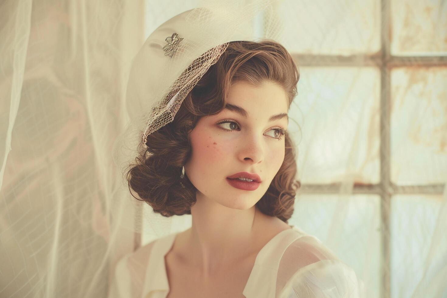 Woman in Nostalgic Retro Clothing with Cream Background and Studio photo