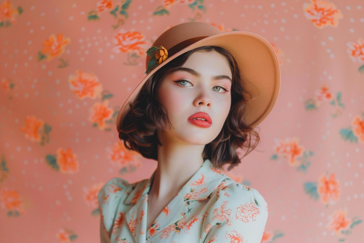 Woman in Nostalgic Retro Clothing with Peach Background photo