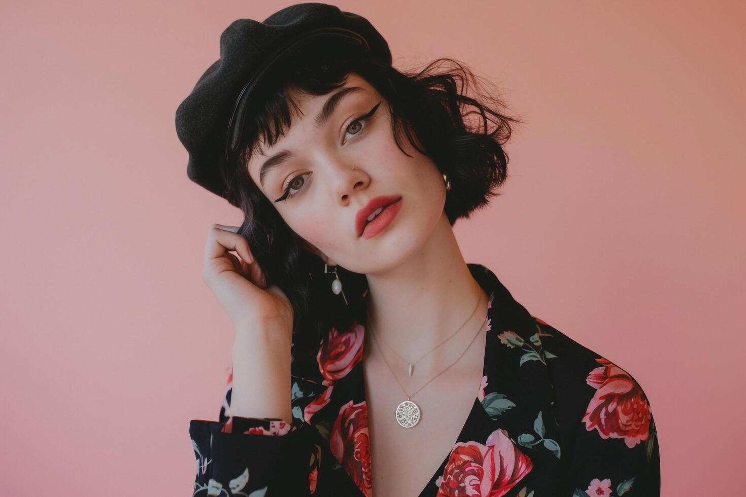 Studio Portrait of Woman in Nostalgic Retro Clothing with Peach Background photo