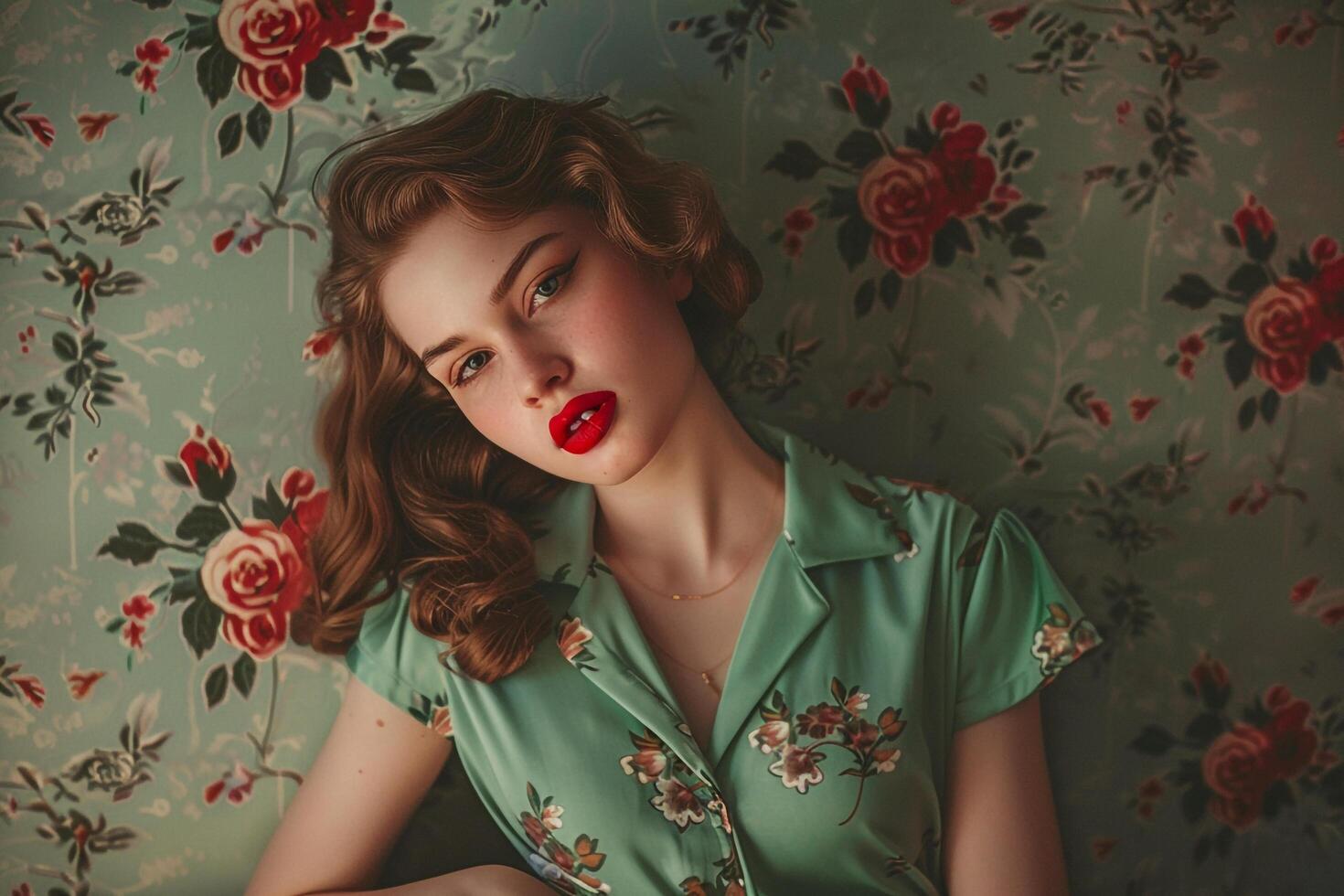 Retro Wallpaper Background with Woman in Retro Clothing Portrait photo