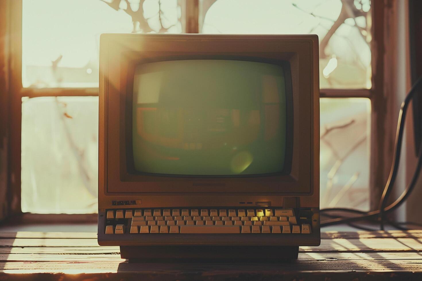 Retro Style Desktop Computer Mockup with Wooden Brown Top Nature photo