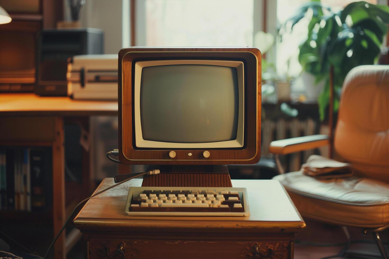 Wooden Top Retro Style Desktop Computer Mockup Nature photo