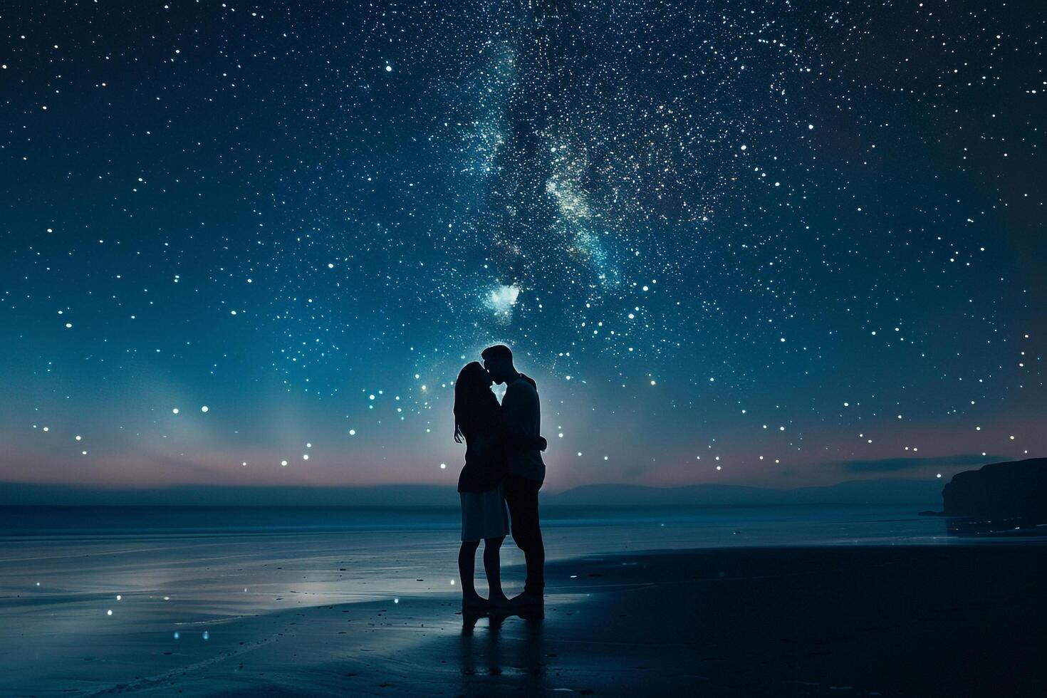 Secluded Beach Couples First Kiss Under Starry Sky Nature photo