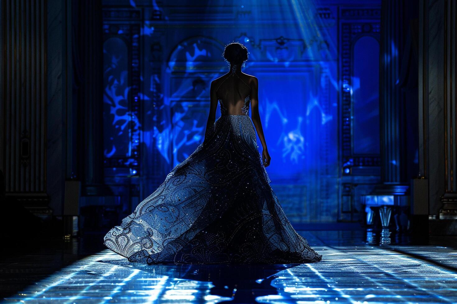 Exquisite Couture Gown Model with Royal Background photo