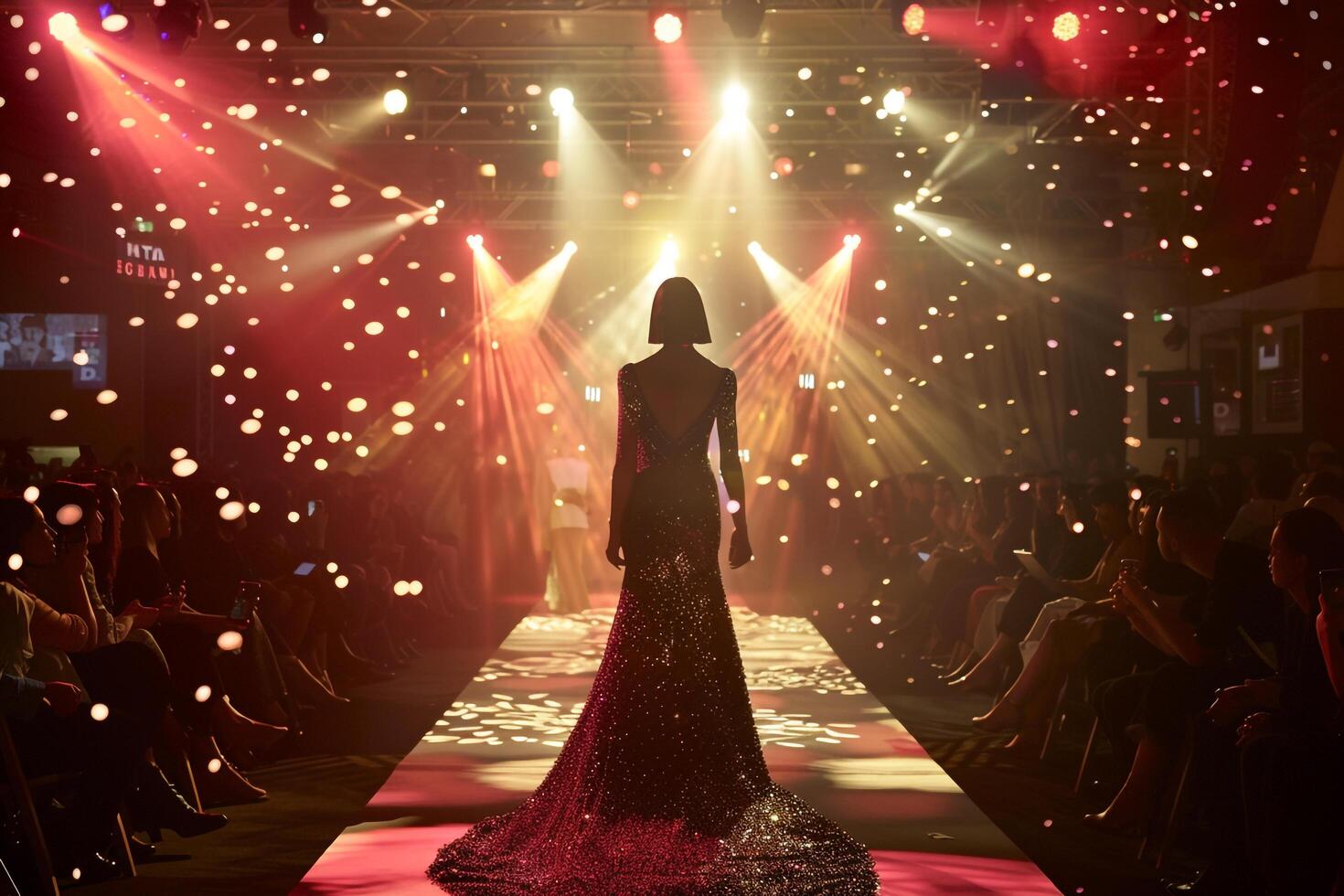 Model in Couture Gown with Glittering Stage Lights photo