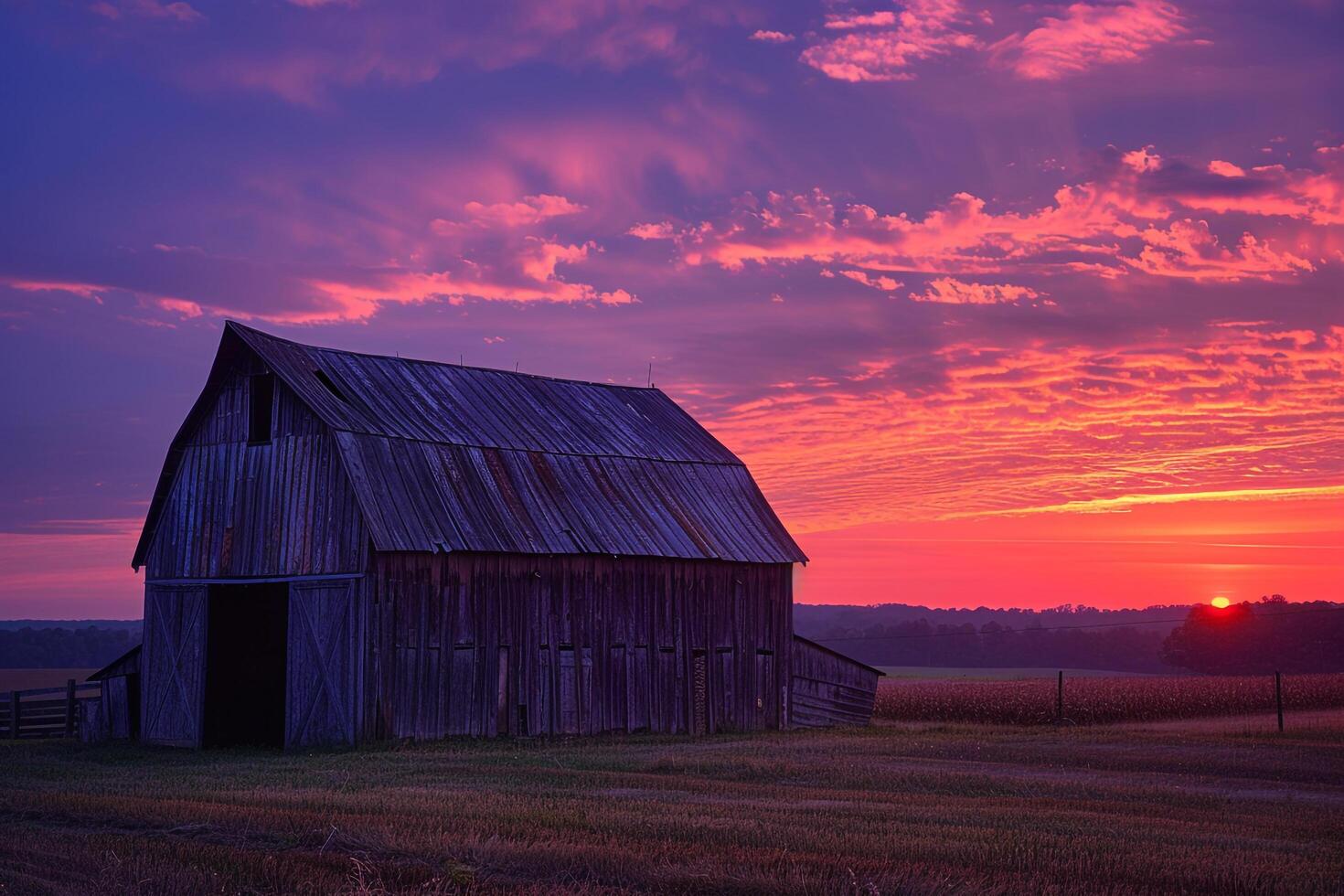 Farm Barn with Evening Sunset Over Rural Landscape photo
