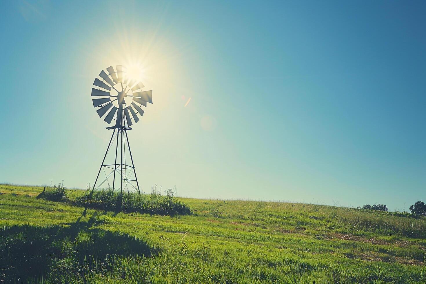 Classic Windmill on a Green Meadow with  Blue Sky photo