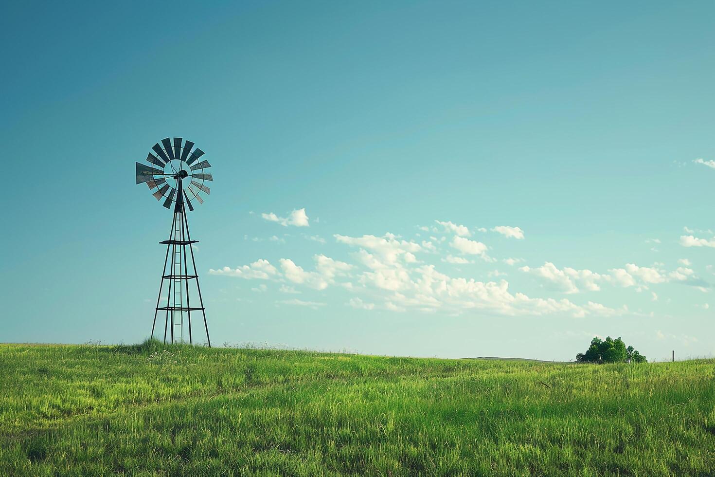 Vintage Windmill in Meadow with Blue Sky photo