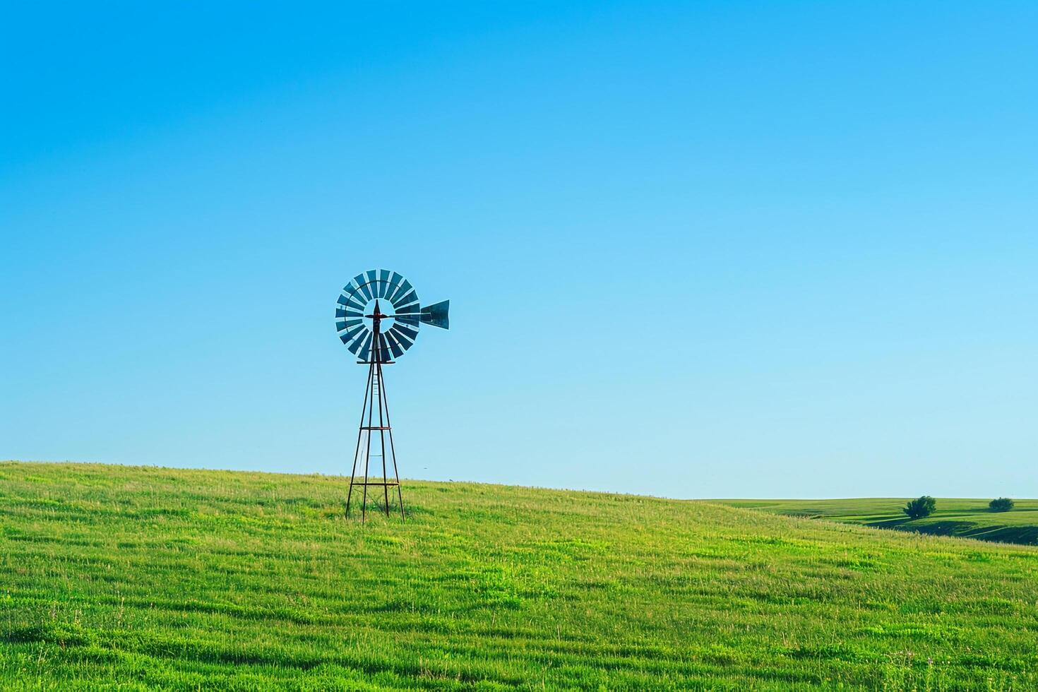 Historic Windmill Amidst Green Meadow Under  Blue Sky photo