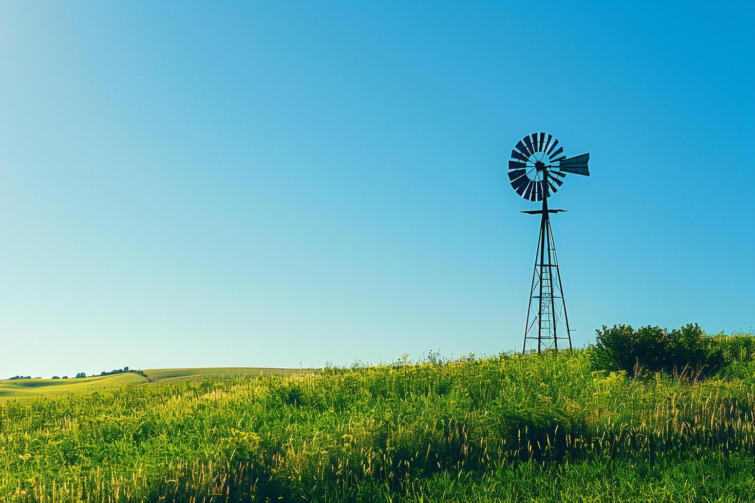 Rural Windmill Set in Green Meadow with Blue Sky photo