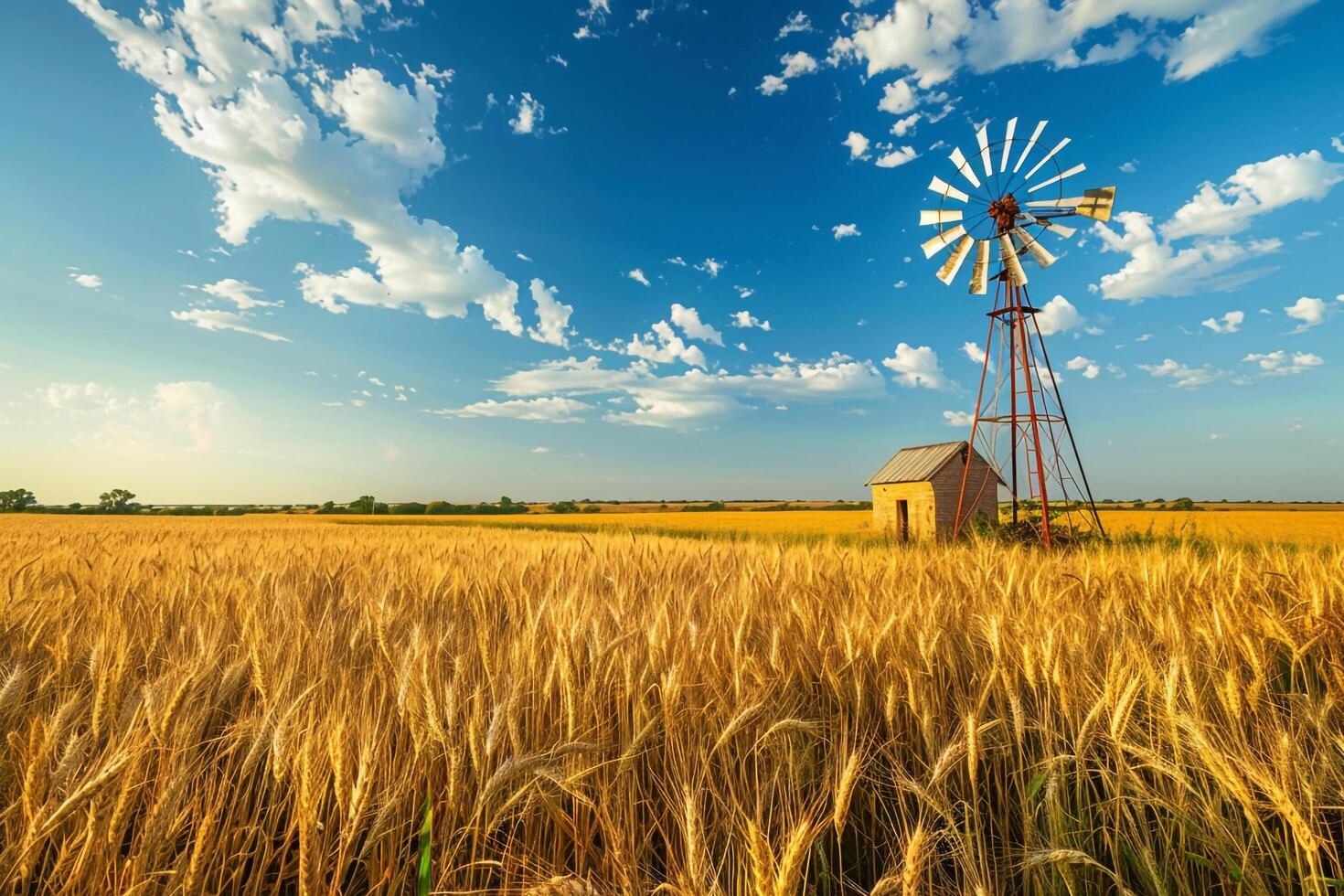 Historic Windmill Set in Gen Wheat Fields with  Blue Sky photo