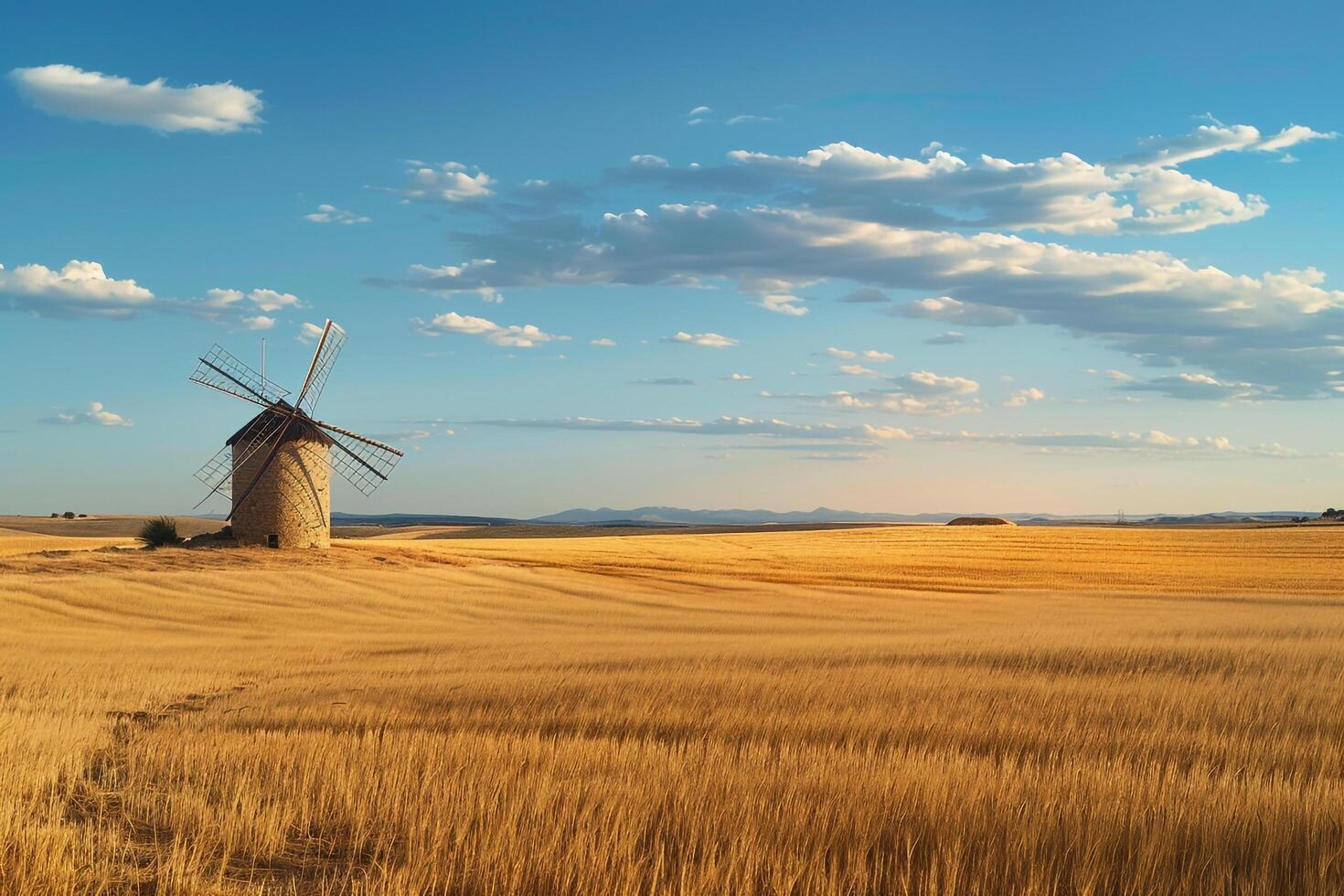 Antique Windmill in Gen Wheat Fields Under  Blue Sky photo