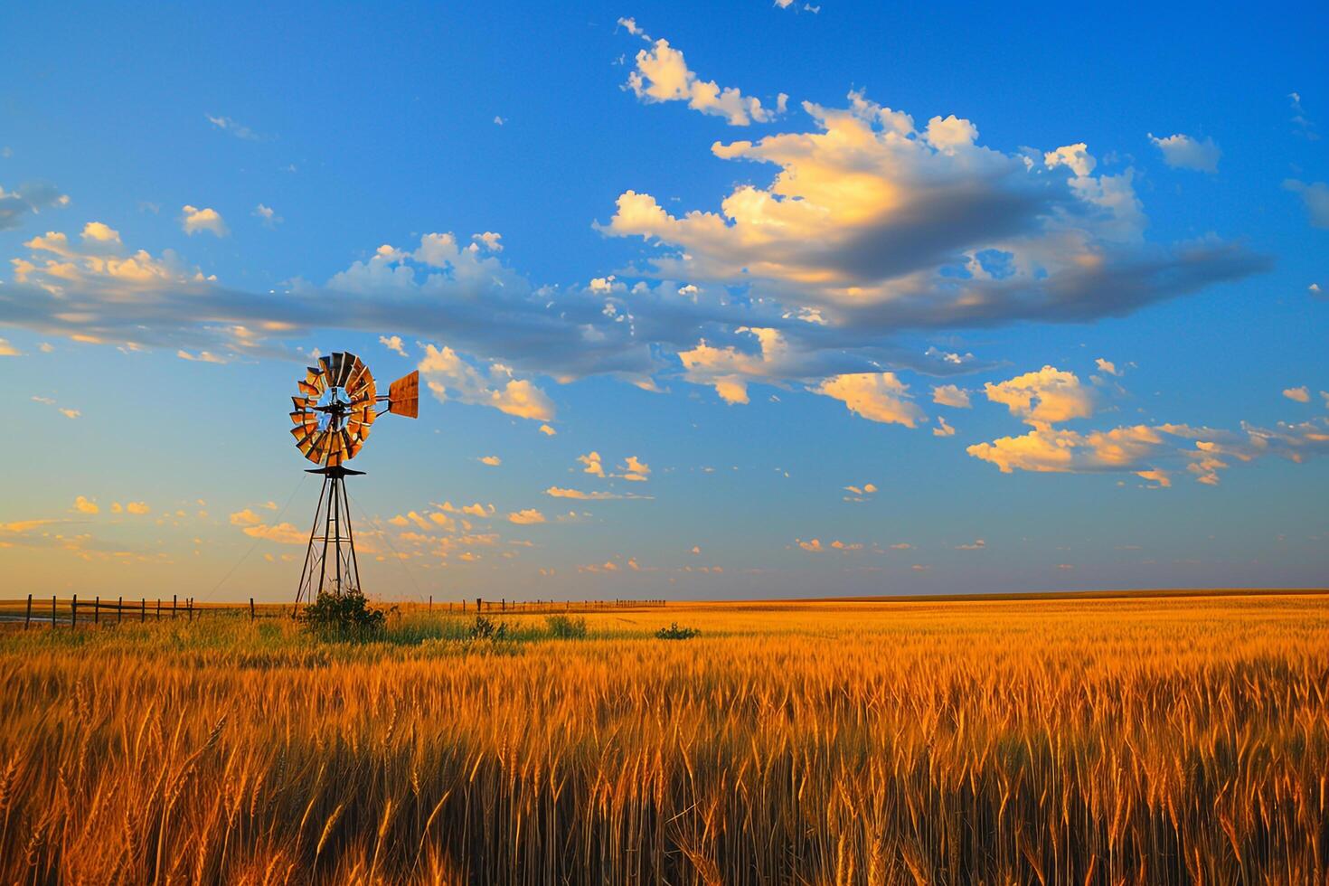 Fashioned Windmill Amidst Gen Wheat Fields and Blue Sky photo