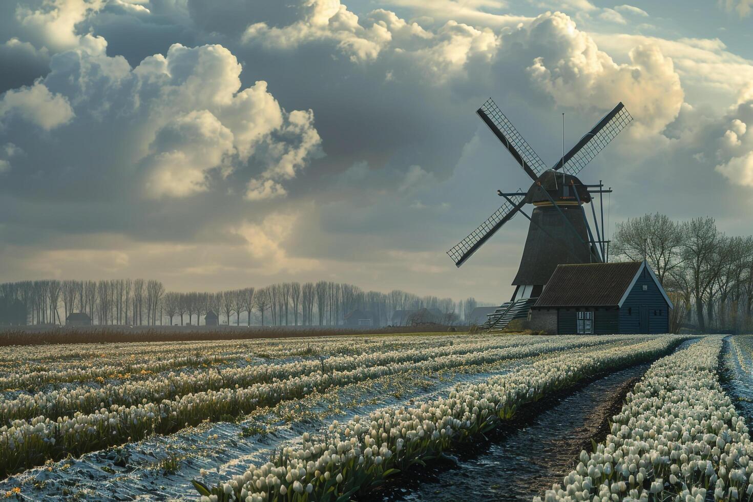 Tulip Fields with Traditional Windmill in Dutch Countryside photo
