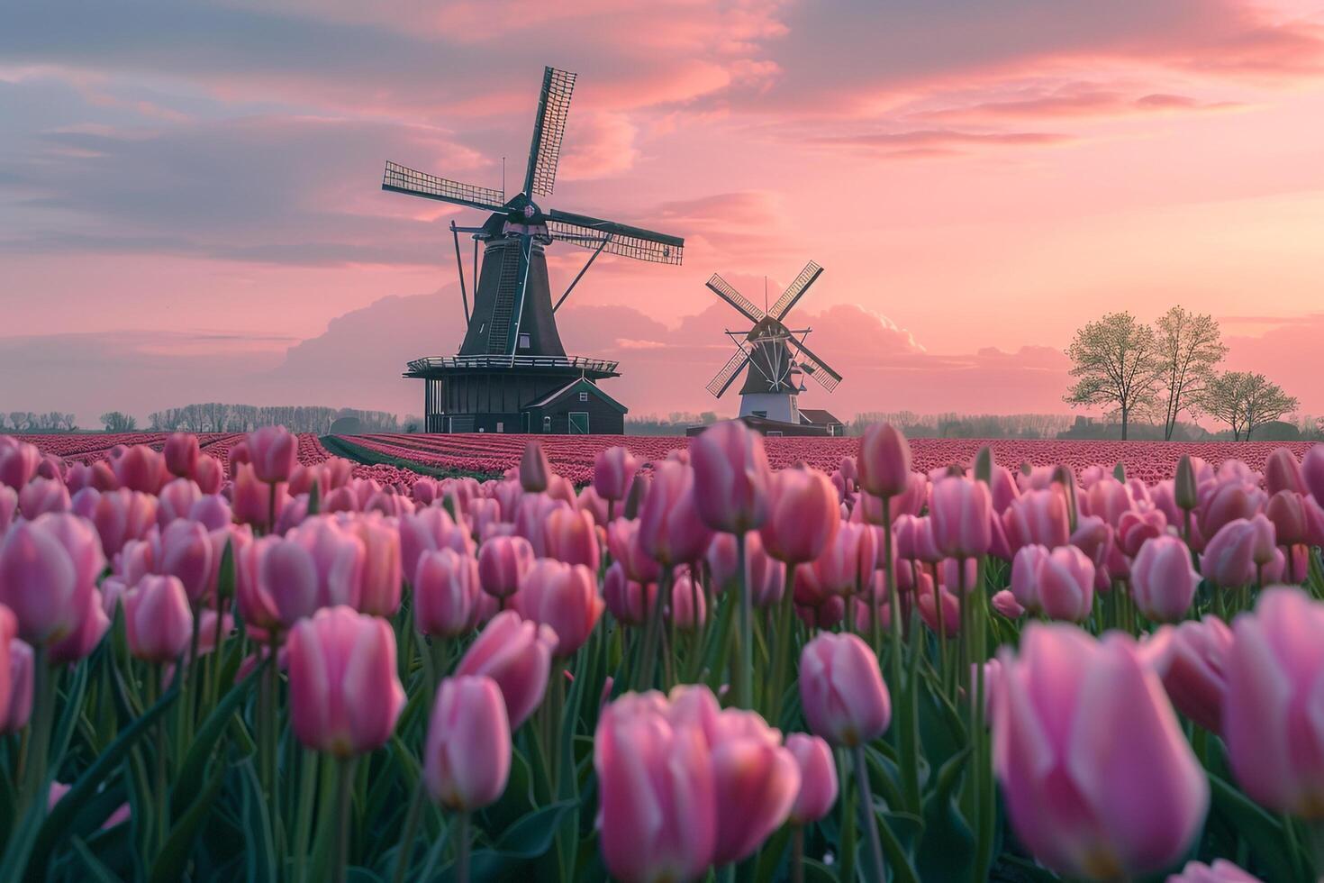 Dutch Countryside with Windmill and Tulip Fields photo