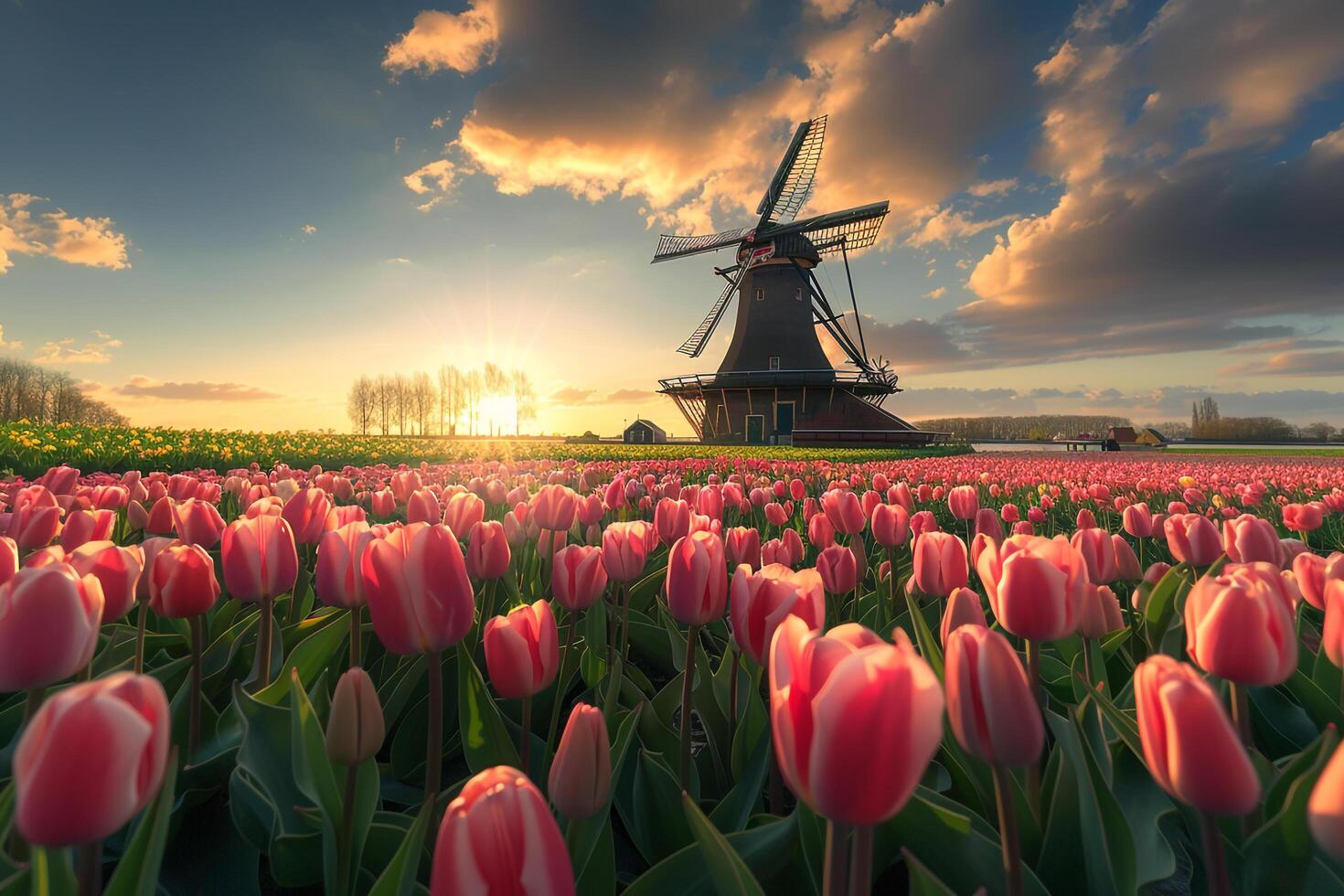 Dutch Countryside with Tulip Fields and Windmill photo