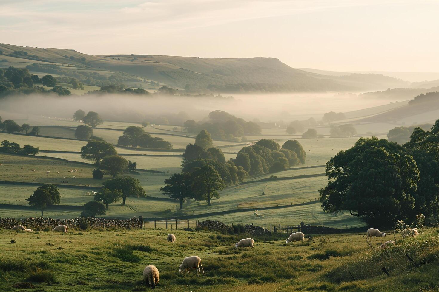 Tranquil Countryside with Rolling Hills and Grazing Sheep photo