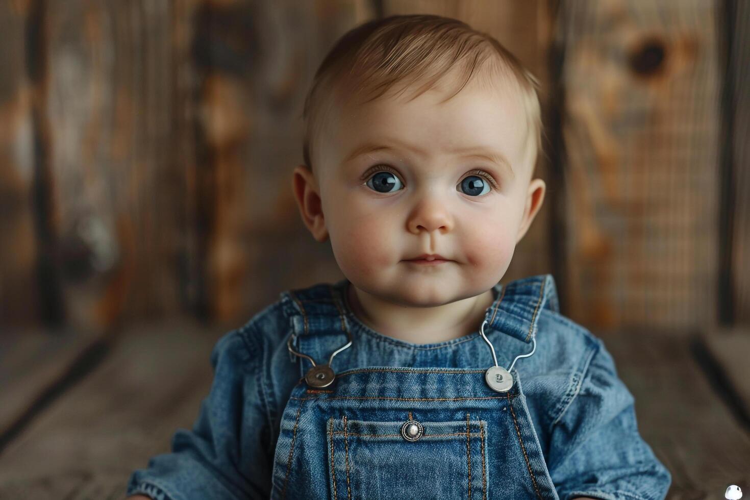 Baby in Denim OverallsRustic Brown Background photo