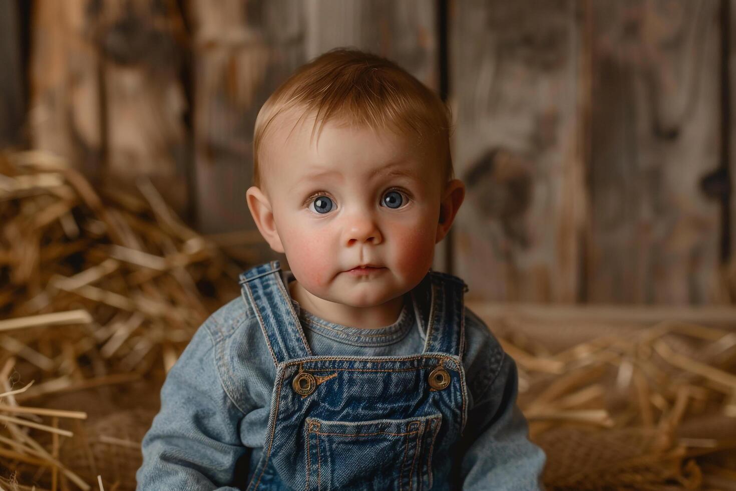 Baby in Denim OverallsRustic Brown Background photo
