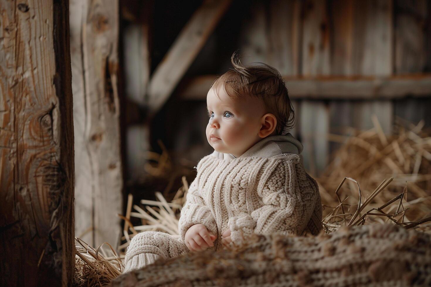 Baby Sitting on a Haystack in a Barn photo