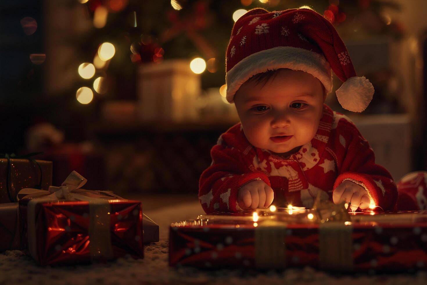Baby in Christmas Costume Hing Presents Background photo