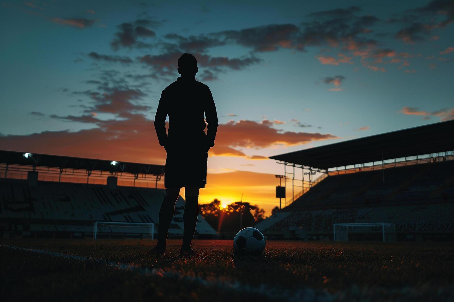 Soccer Player Silhouette Against Sunset with Empty Stands Background photo