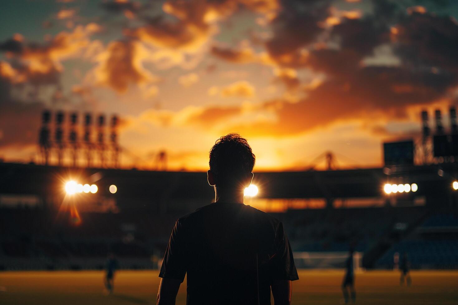 Soccer Player Silhouette Against Sunset with Empty Stands Background photo