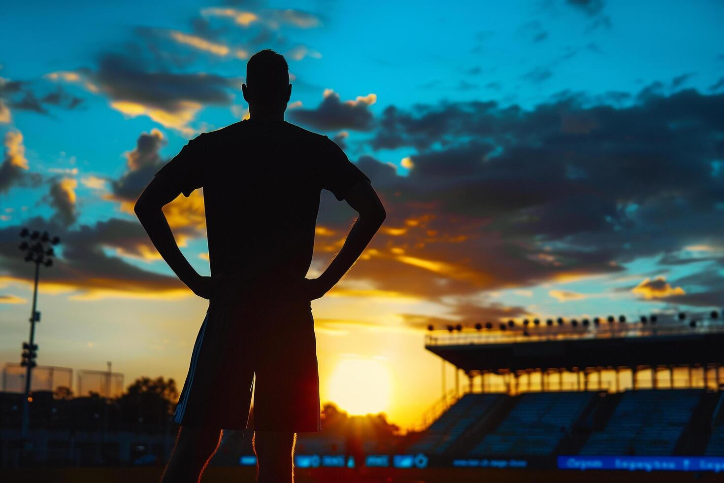 Soccer Player Silhouette Against Sunset with Empty Stands Background photo