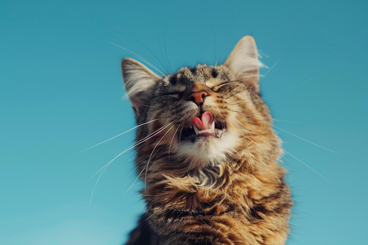 Cat with Tongue Out Against Sky Background photo