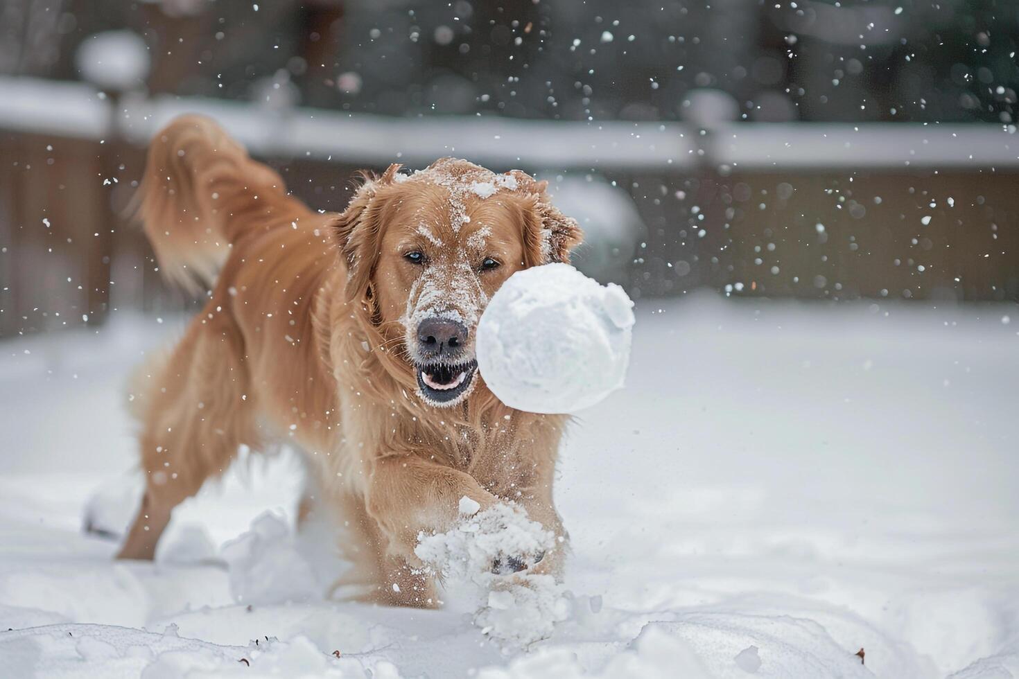 Dog Playing with Snowball in Snowy Backyard on Winter Day photo