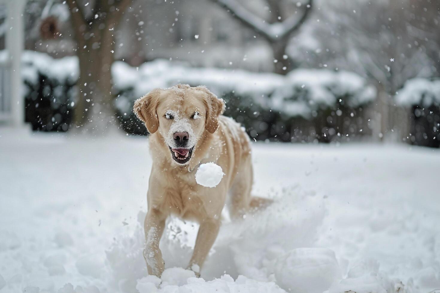 Dog Playing with Snowball in Snowy Backyard on Winter Day photo