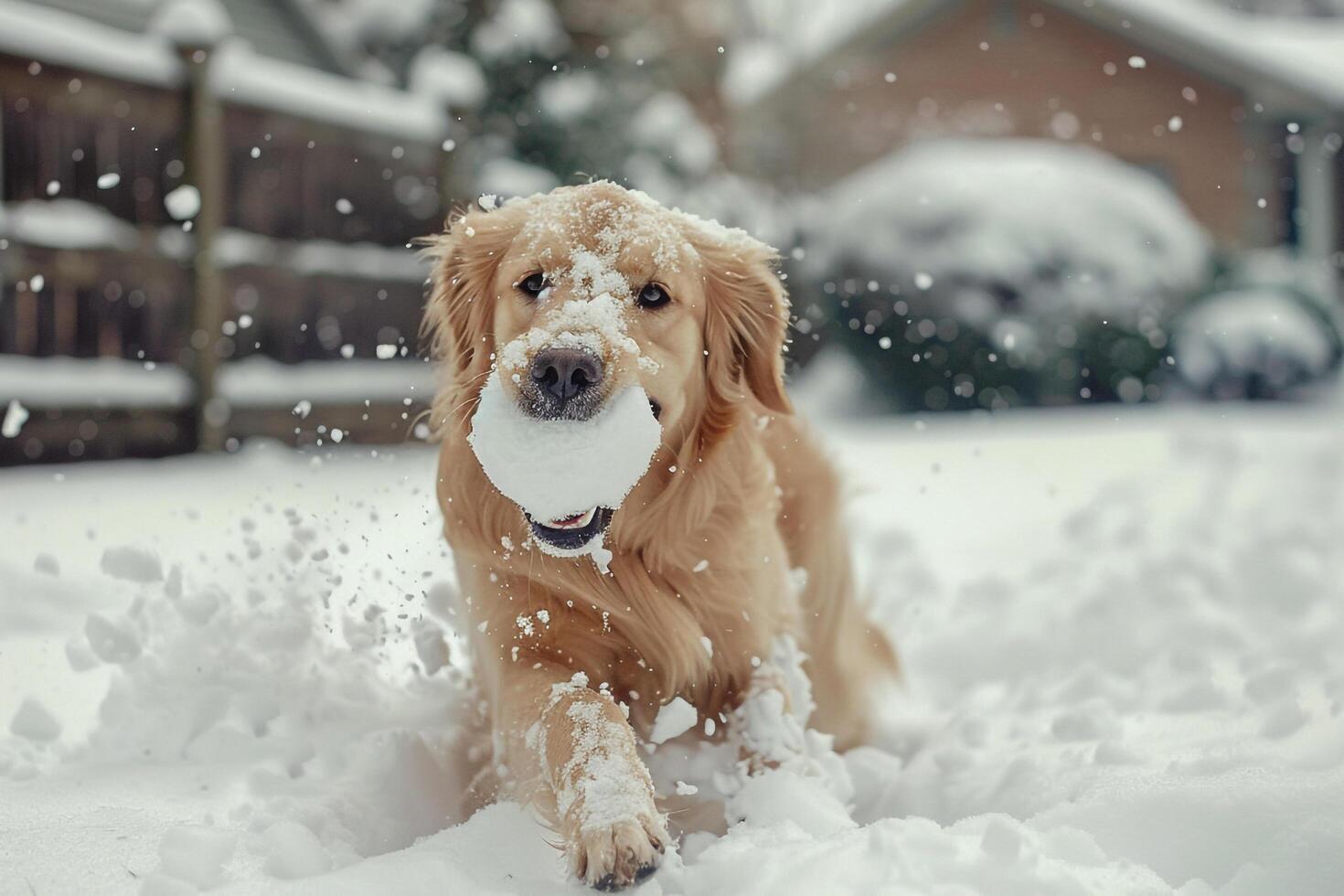 Dog Playing with Snowball in Snowy Backyard During a Winter Afternoon photo