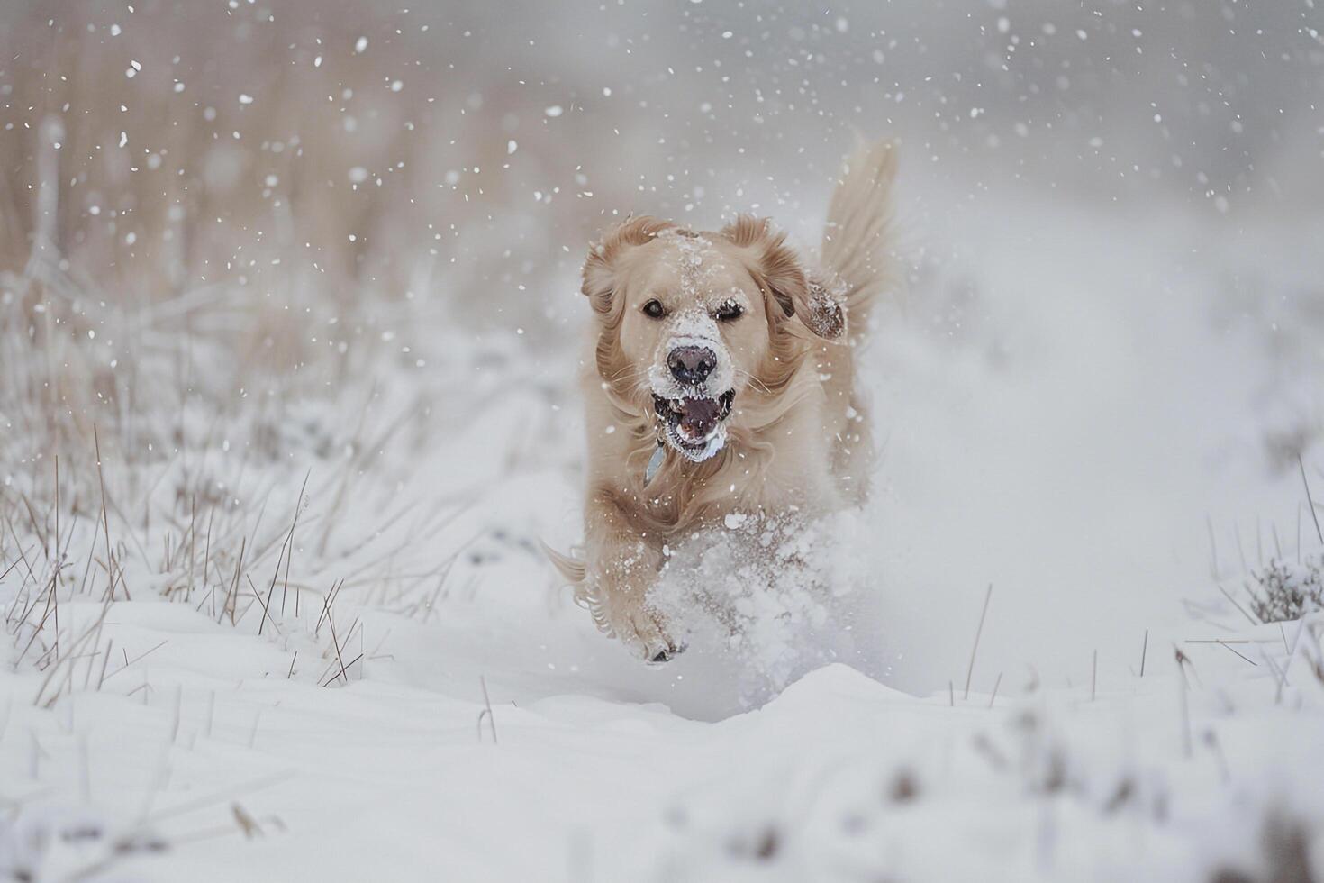 Dog Running Through Fresh Snow with Snowflakes Gently Falling Around photo
