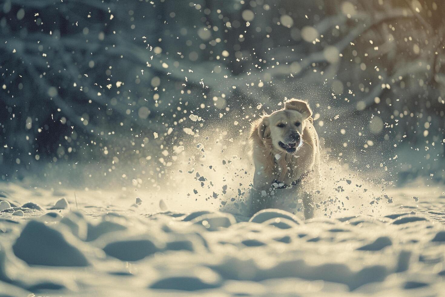Dog Frolicking Happily in Fresh Snow with  Snowflakes Falling Around photo