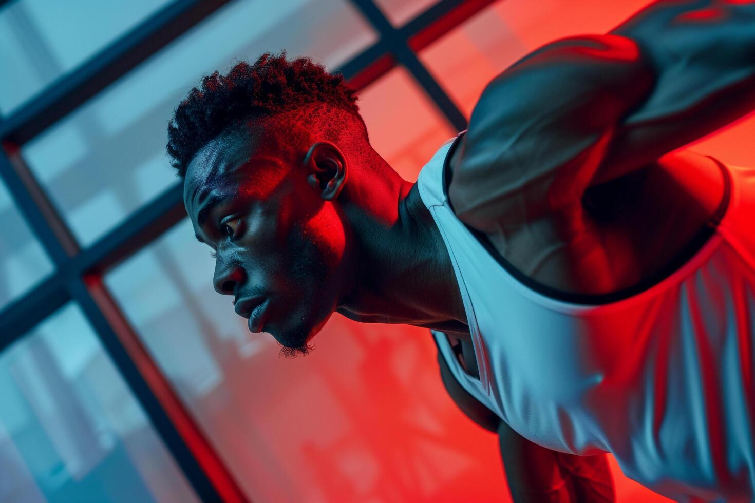 Man in Sportswear with Deep Red Background photo
