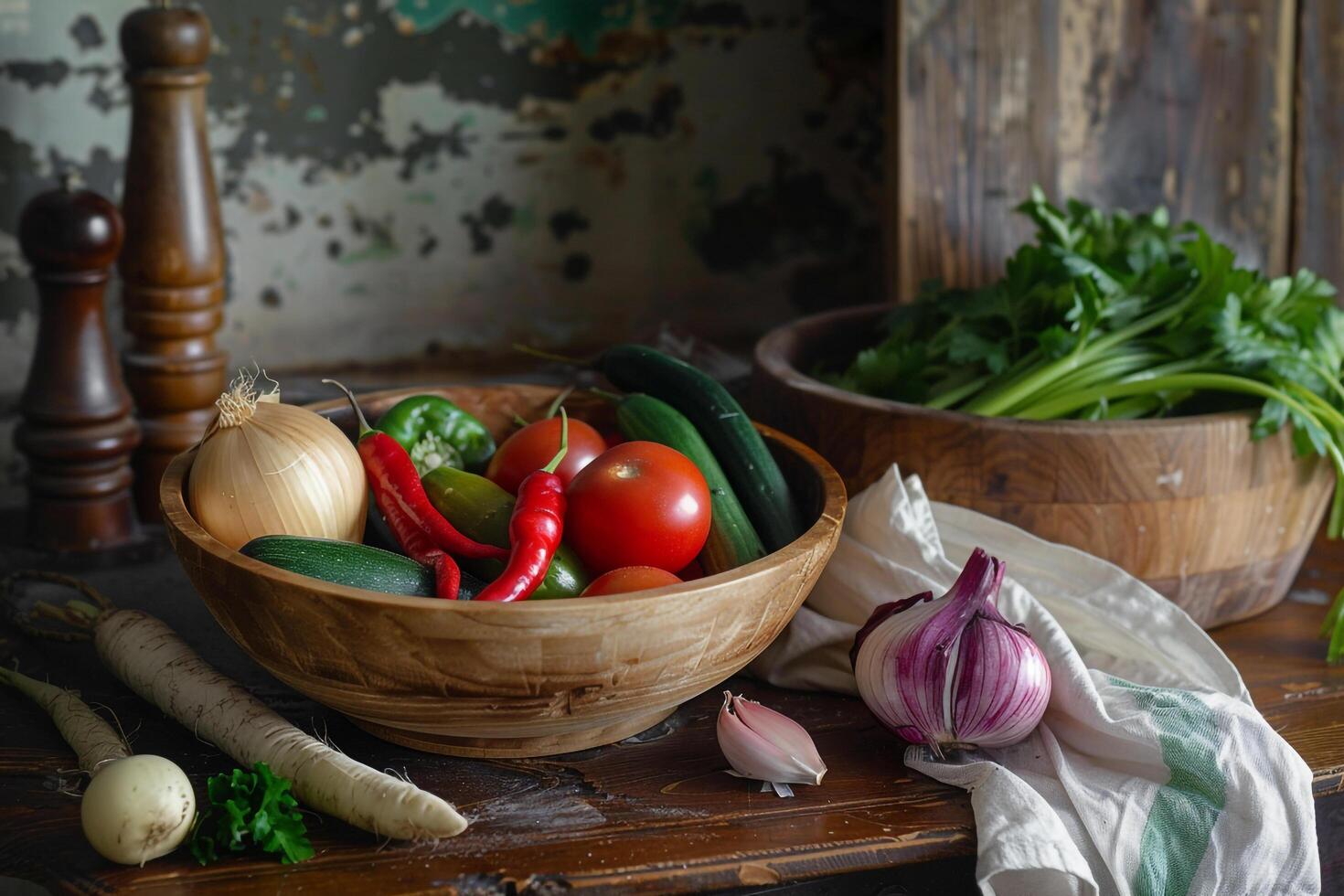Fresh Vegetables in Wooden Bowl on Rustic Table photo