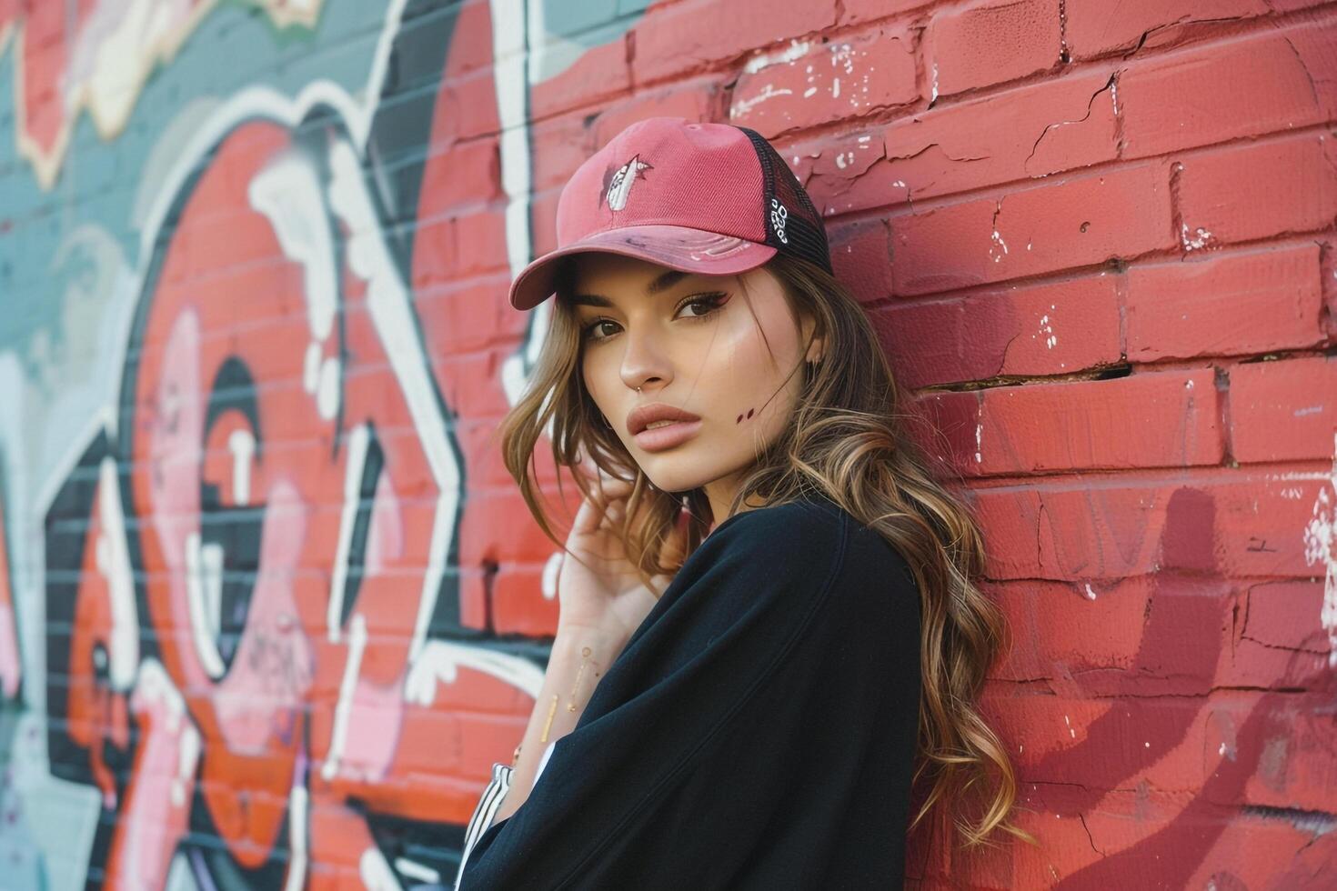Confident Streetwear Model with Brick Red Background photo