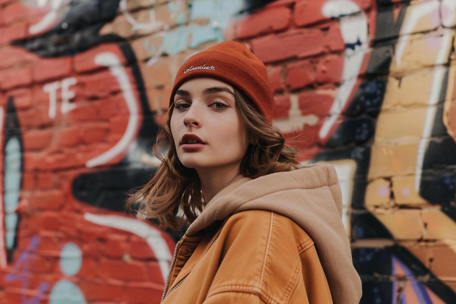 Brick Red Background with Model in Confident Streetwear photo