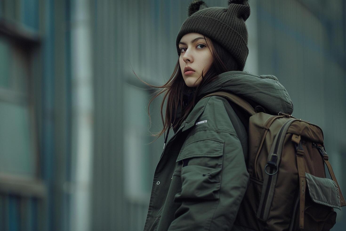 Cool Streetwear Model with Olive Green Fashion Background photo