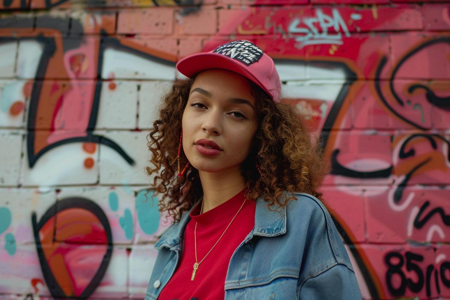 Confident Streetwear Model on Brick Red Background photo