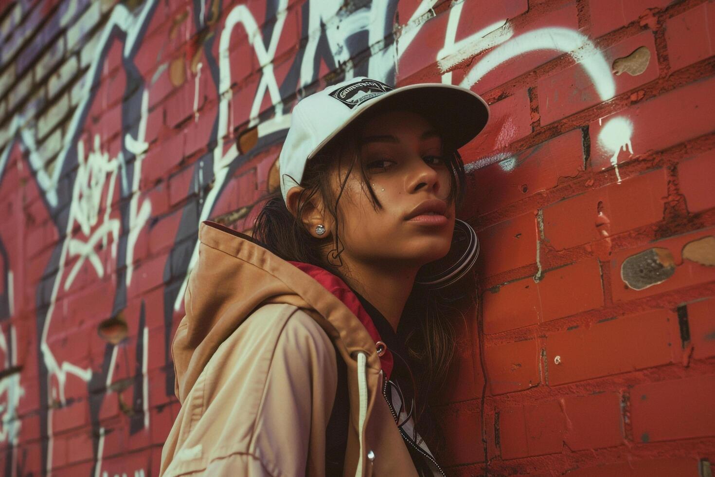 Confident Streetwear Model Against Brick Red Background photo