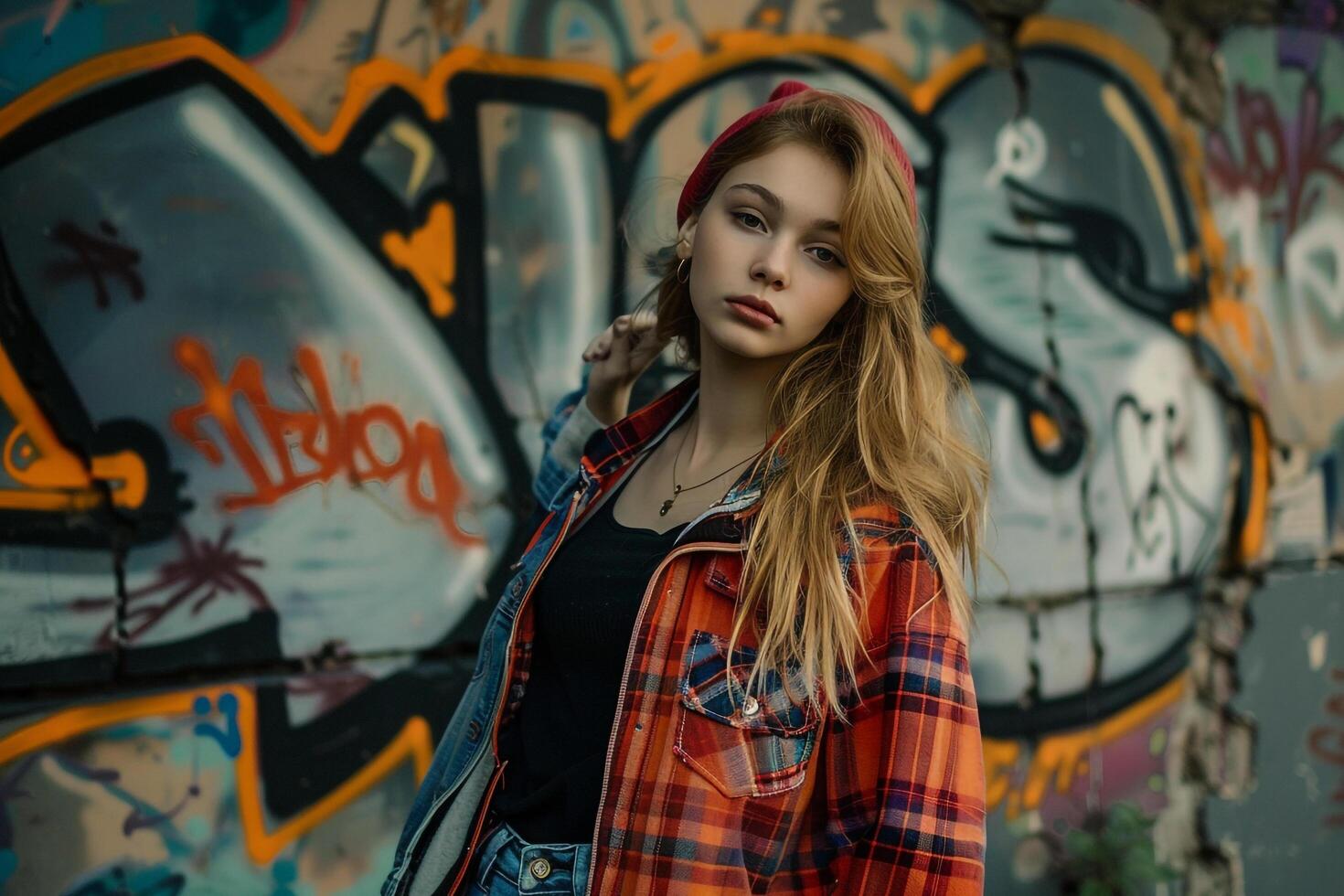 Trendy Streetwear Model in Front of Graffiti Wall photo
