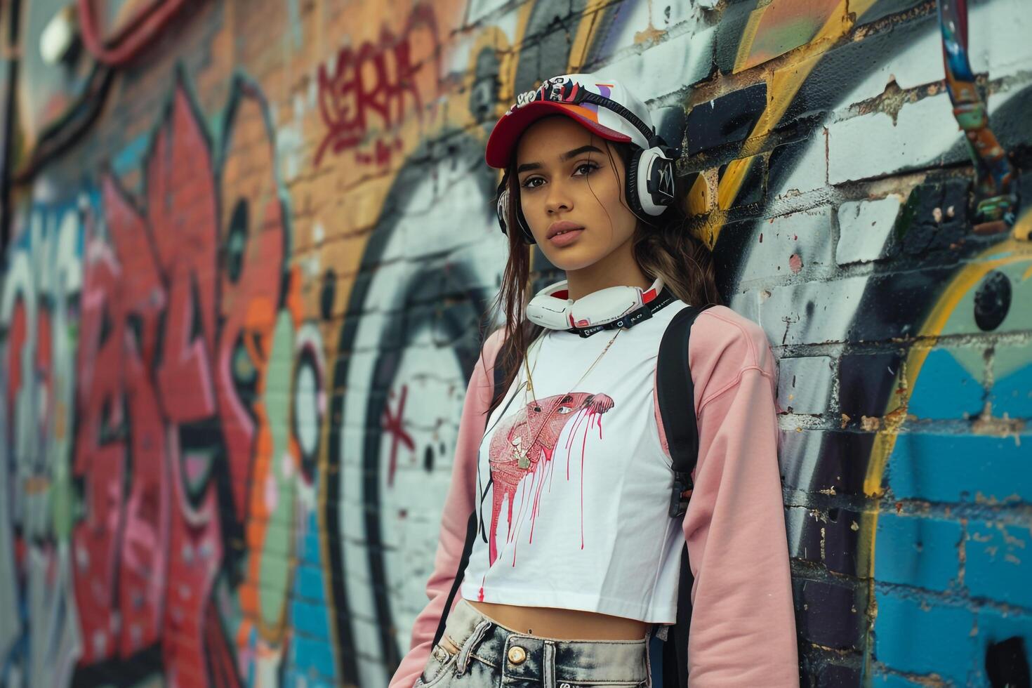 Graffiti Wall Background with Trendy Streetwear Model photo