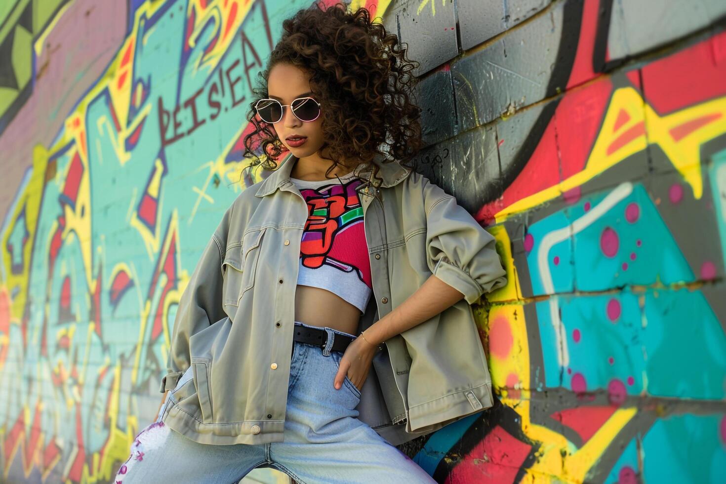 Graffiti Wall Background with  Streetwear Model photo