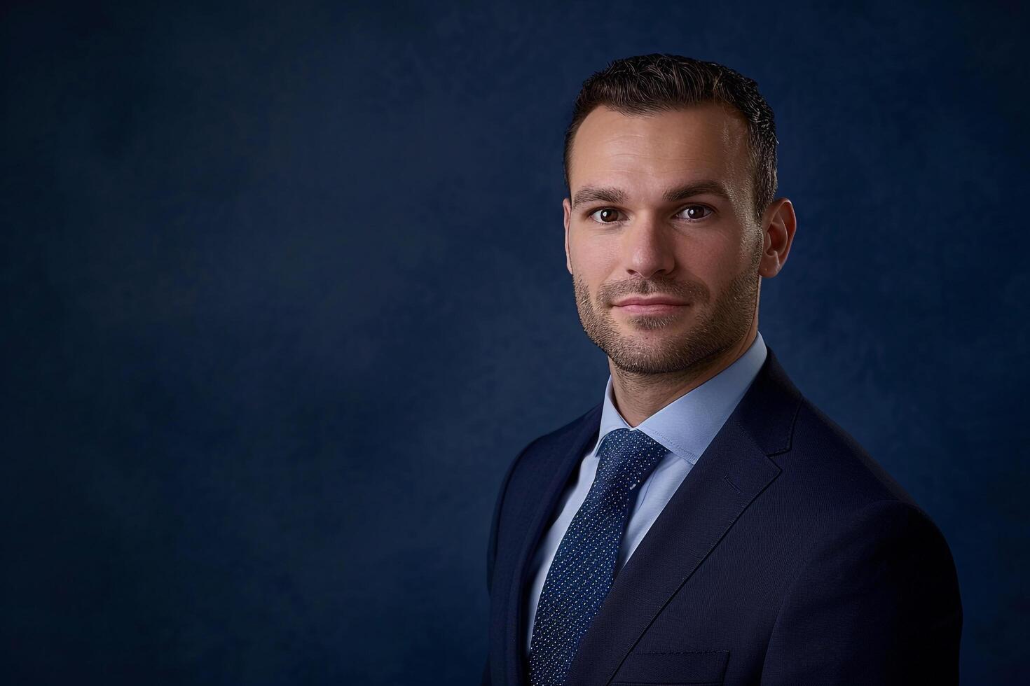 Head of a businessman in a classic navy Background projecting confidence photo