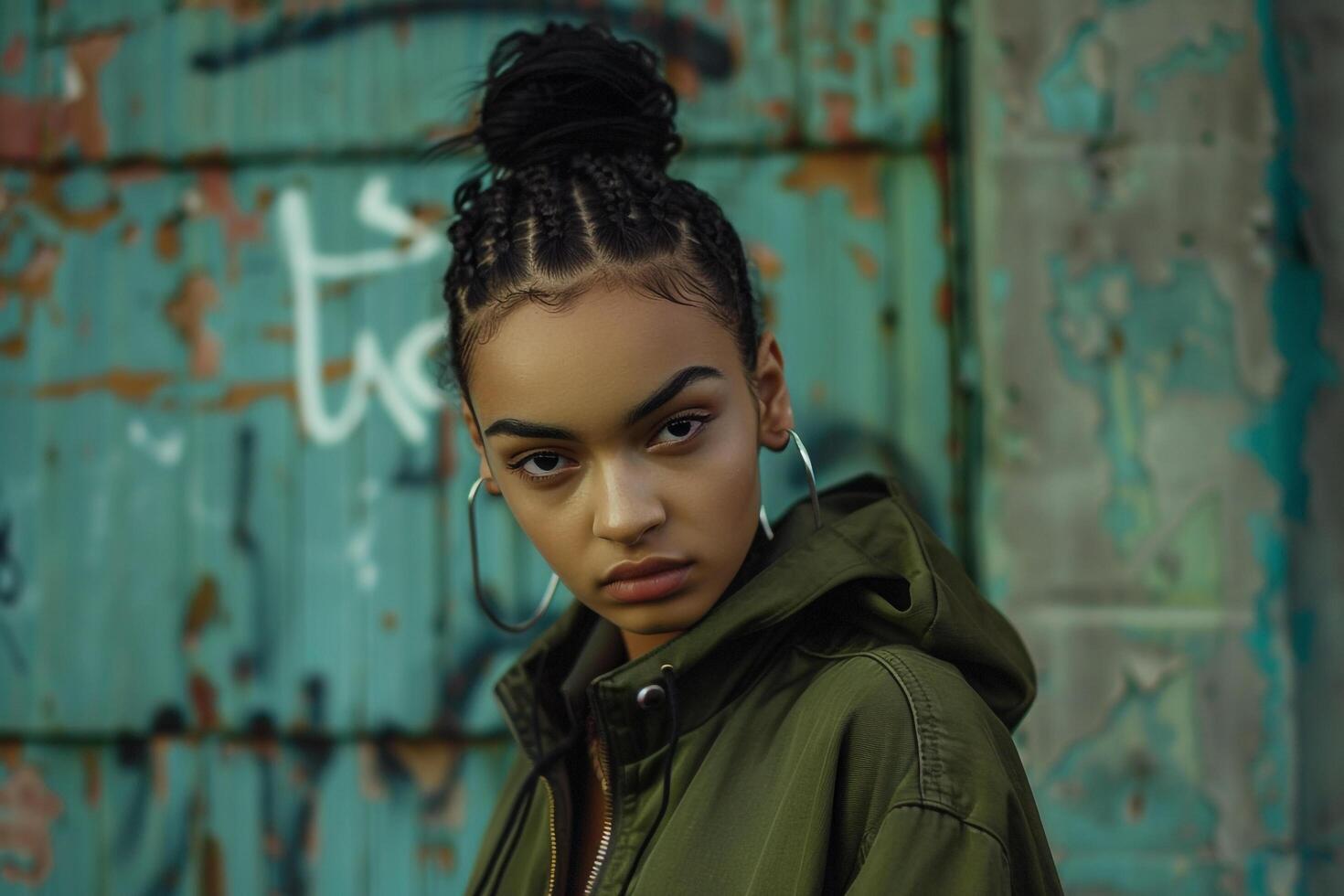 Portrait of a model in streetweargritty urban background capturing urban fashion photo